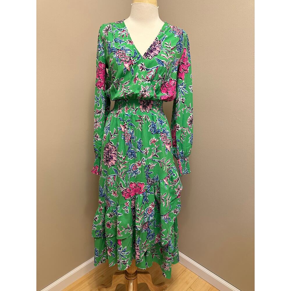 NWT Lilly Pulitzer Cristiana  Midi Dress Gecko Green Brewster Blooms Sz 2 - Picture 2 of 7